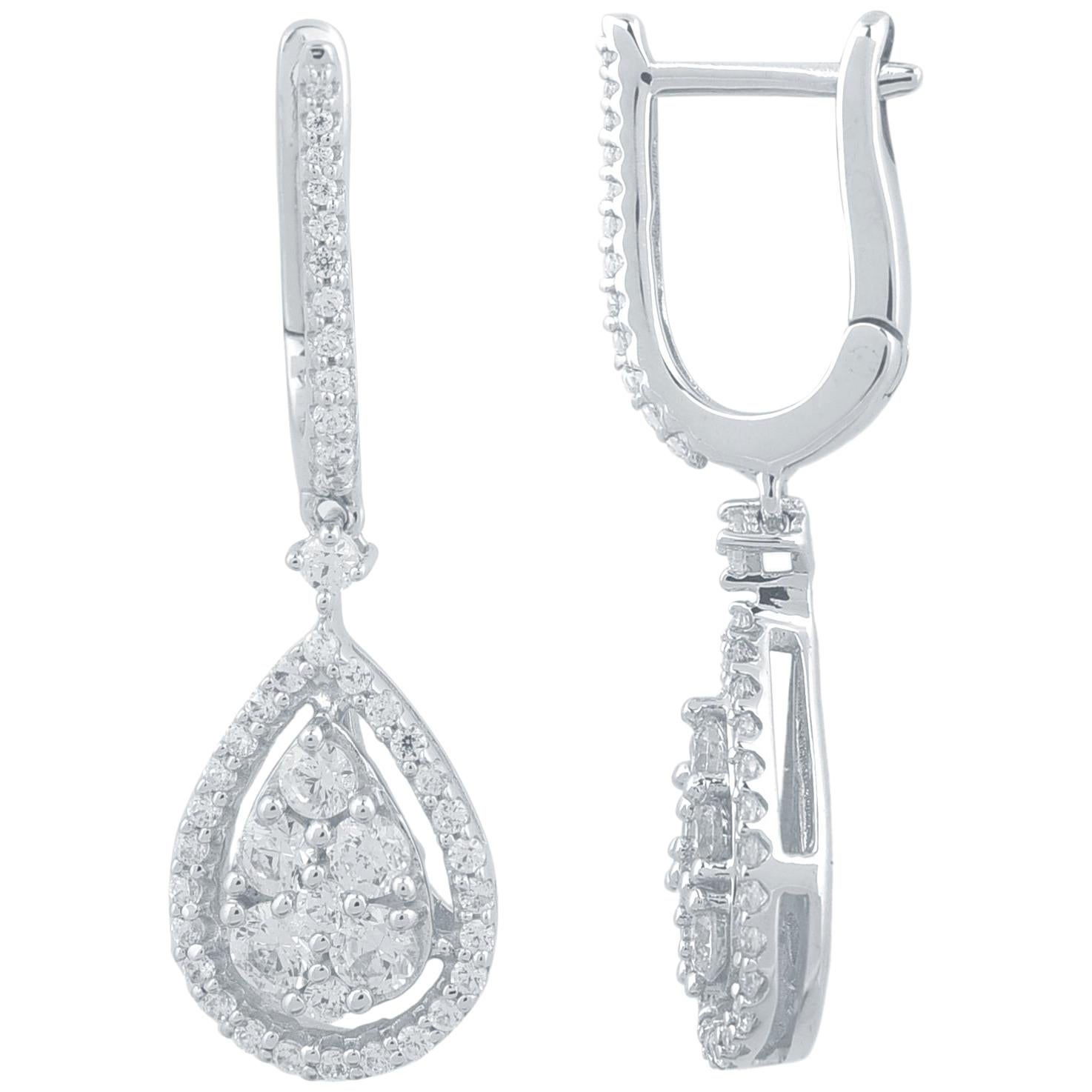 TJD 1Carat Round Diamond 14K White Gold Pear Shaped Drop Hoop Huggie Earrings For Sale