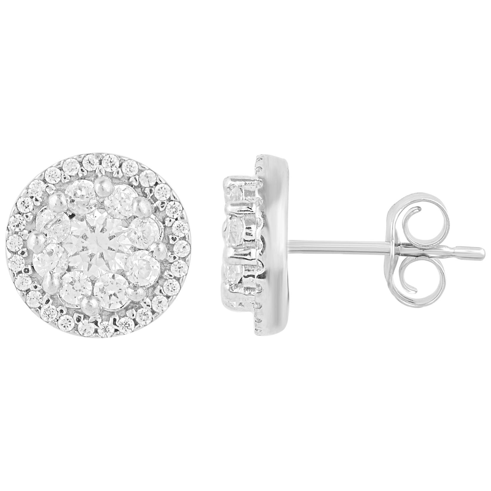 TJD 1.00 Carat Round Diamonds 18 Karat White Gold Halo Cluster Stud Earrings