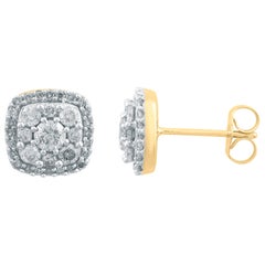 TJD Clous d'oreilles grappe en or jaune 18 carats avec diamants ronds de 1 carat et halo en forme de coussin