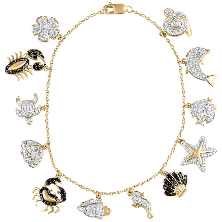 TJD 1.00 Carat Diamond 18 Karat Yellow Gold Aquatic Life Charm Bracelet