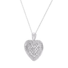TJD 1.00 Carat Natural Round & Baguette Diamond Heart Pendant 14KT White Gold