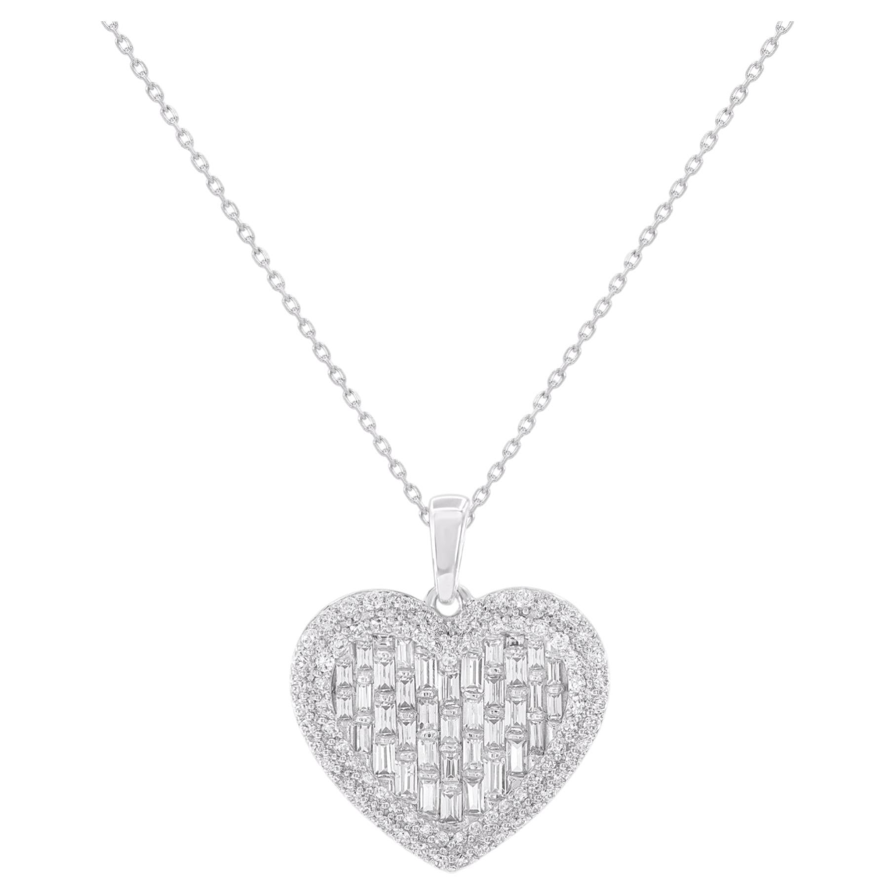 TJD 1.00 Carat Natural Round & Baguette Diamond Heart Pendant 14KT White Gold
