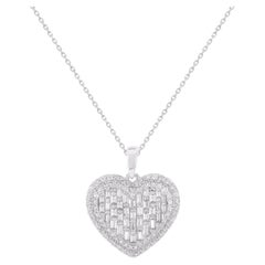 TJD 1.00 Carat Natural Round & Baguette Diamond Heart Pendant 14KT White Gold