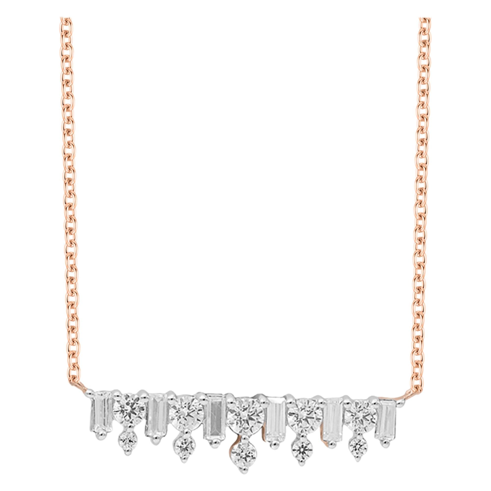 TJD 1.00Carat Round & Baguette Diamond 14Karat Rose Gold Bar Necklace with chain