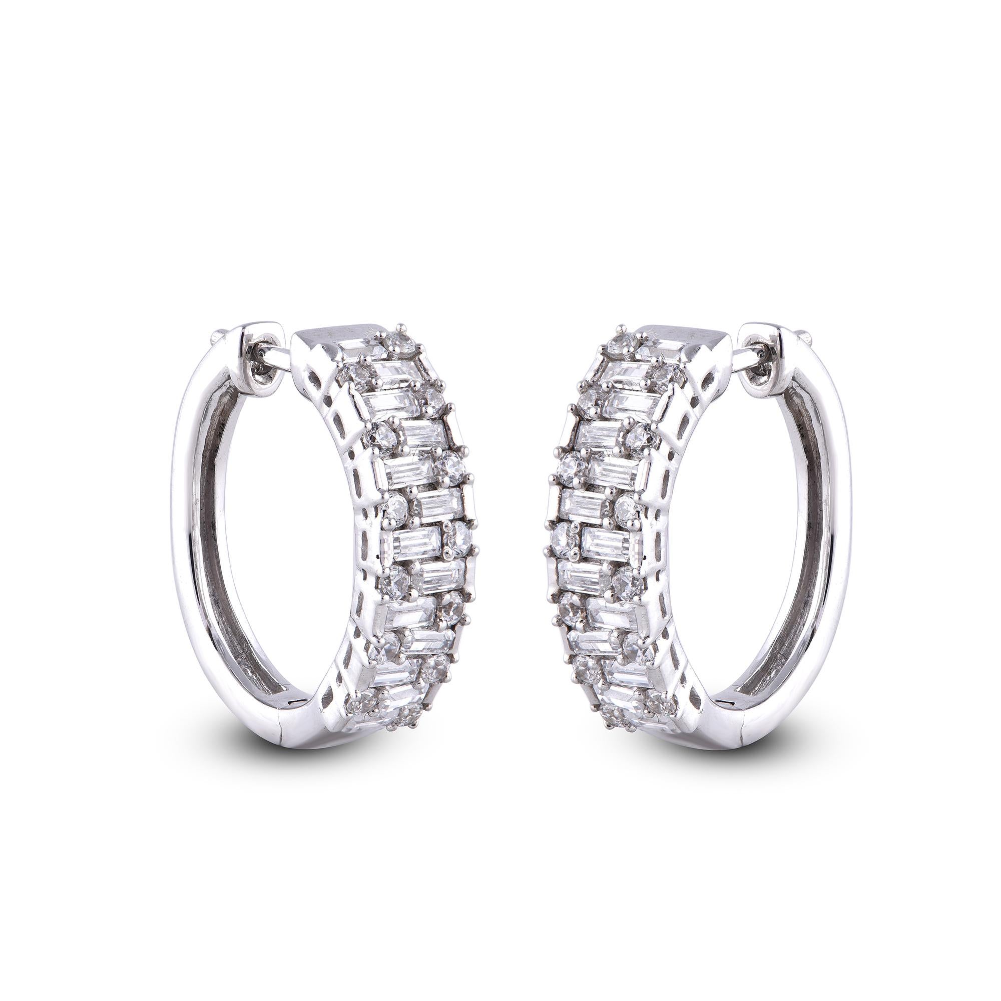 Round Cut TJD 1.00 Carat Round and Baguette Diamond 14Kt White Gold Designer Hoop Earrings For Sale