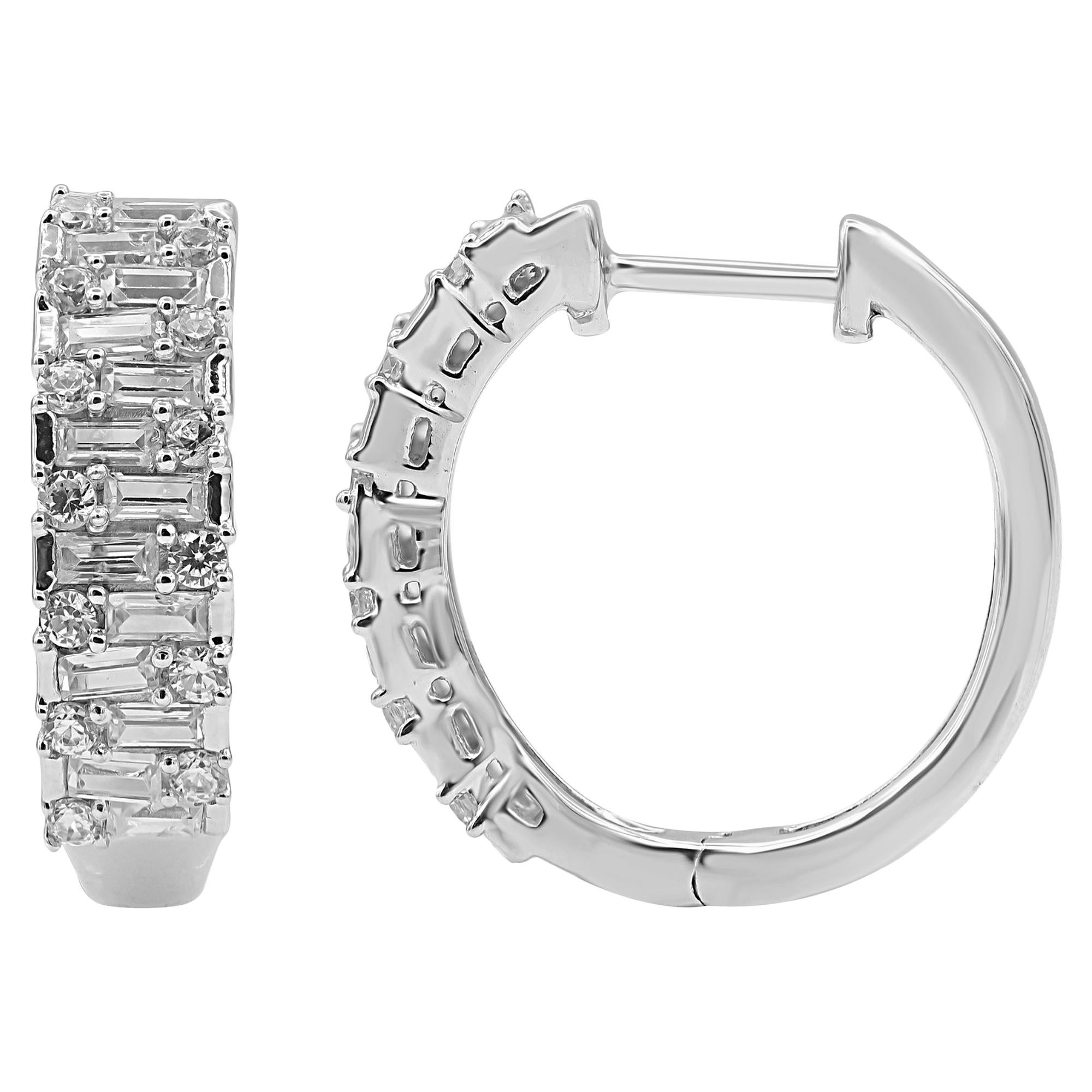 TJD 1.00 Carat Round and Baguette Diamond 14Kt White Gold Designer Hoop Earrings For Sale