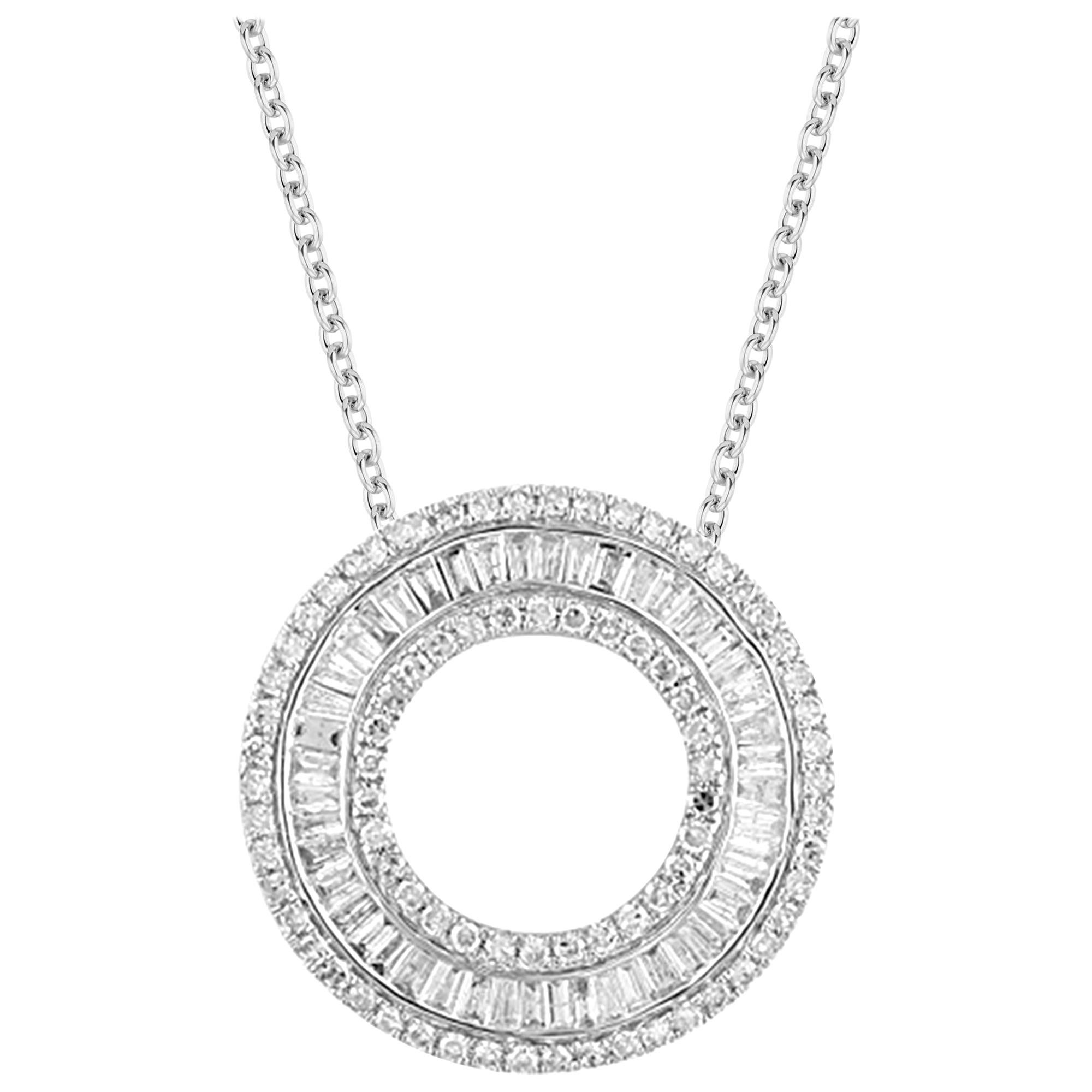 TJD 1.00 Carat Round & Baguette Diamond 14 Karat White Gold Circle Necklace For Sale