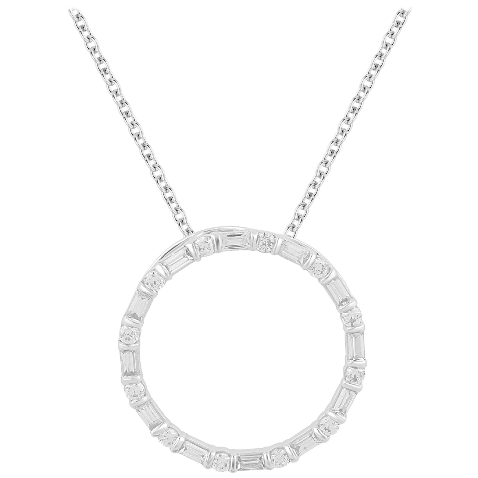 TJD 1.00 Carat Round & Baguette Diamond 14 Karat White Gold Open Circle Pendant