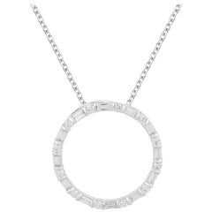 TJD Pendentif cercle ouvert en or blanc 14 carats avec diamants ronds et baguettes de 1,00 carat