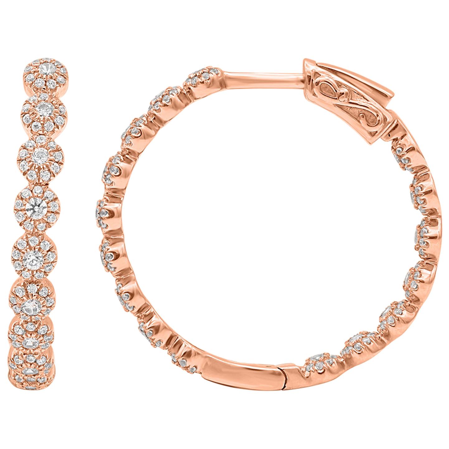 TJD 1 Carat Round Diamond 14K Rose Gold Inside-Out Diamond Hoop Huggie Earrings