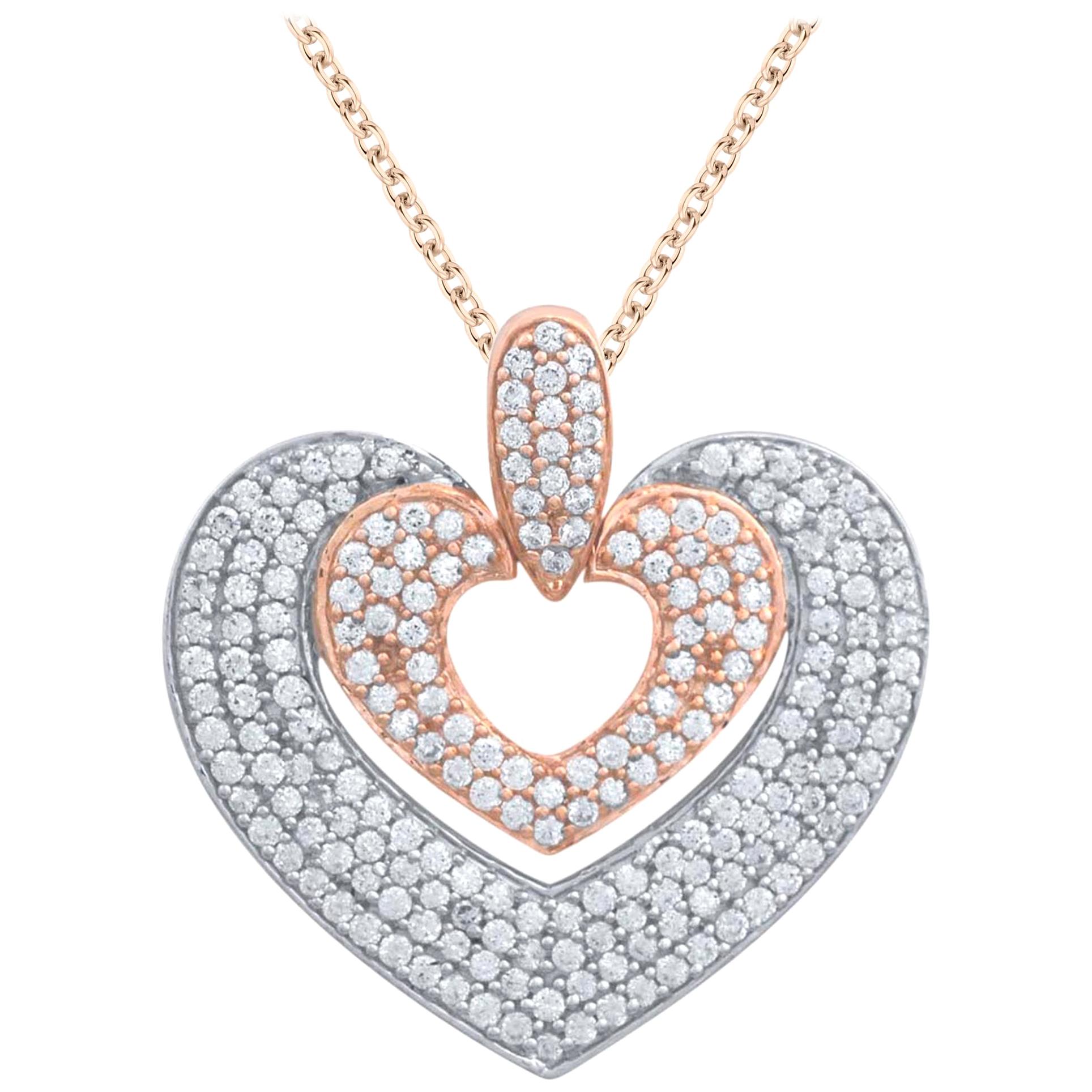 TJD 1.00Carat Diamond 14 Karat Rose Gold Double Heart Pendant with 18 inch chain For Sale