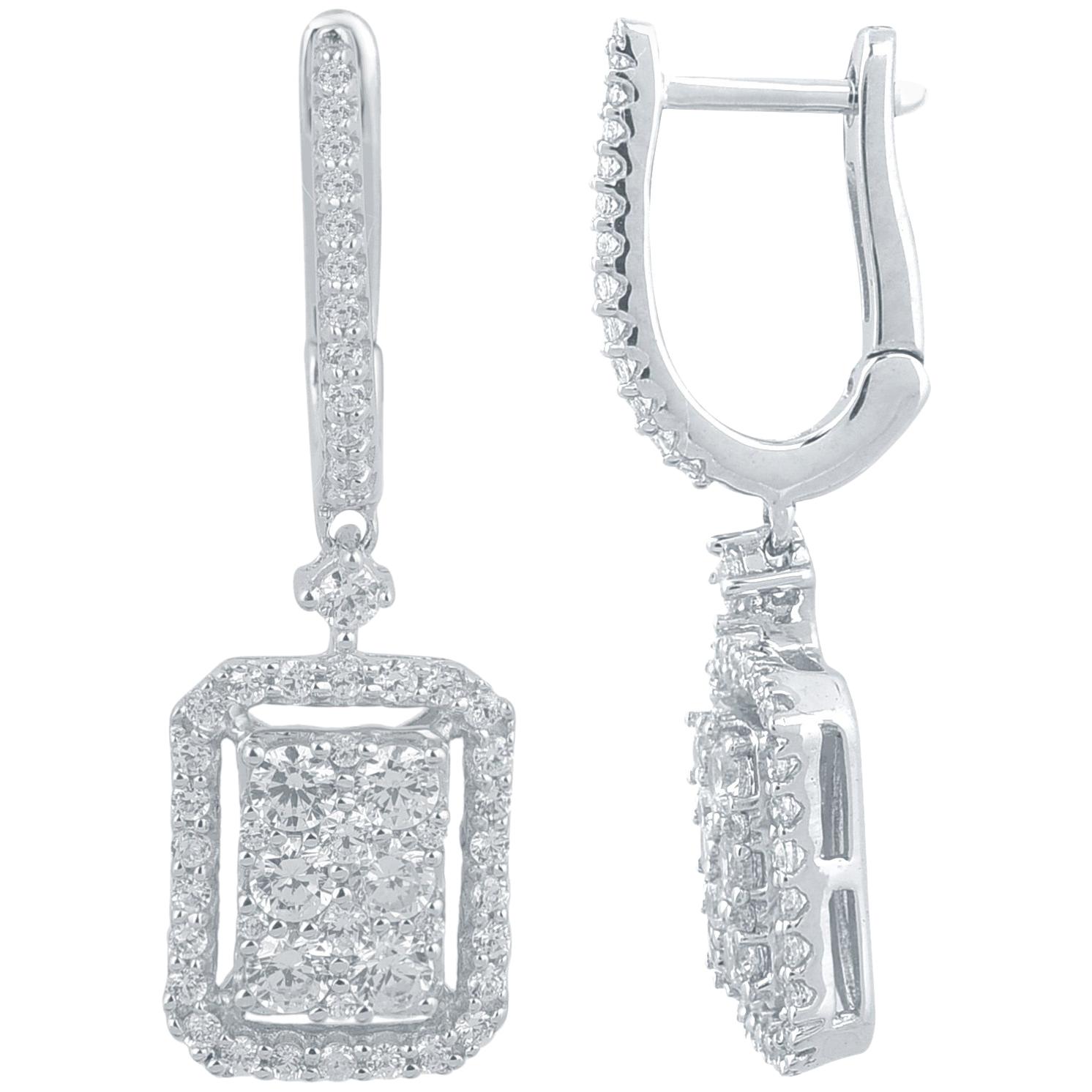 TJD 1Carat Round Diamond 14K White Gold Rectangled Drop Hoop Huggie Earrings For Sale