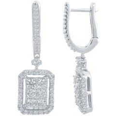 TJD 1Carat Round Diamond 14K White Gold Rectangled Drop Hoop Huggie Earrings