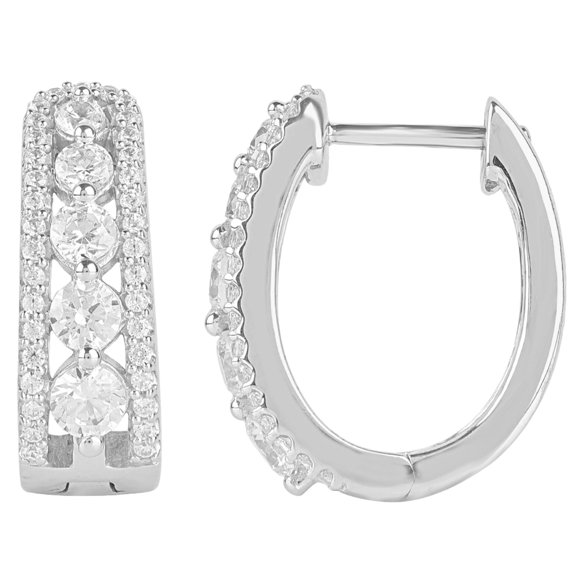TJD 1.00 Carat Round Diamond 14Karat White Gold Designer Hoop Huggie Earrings