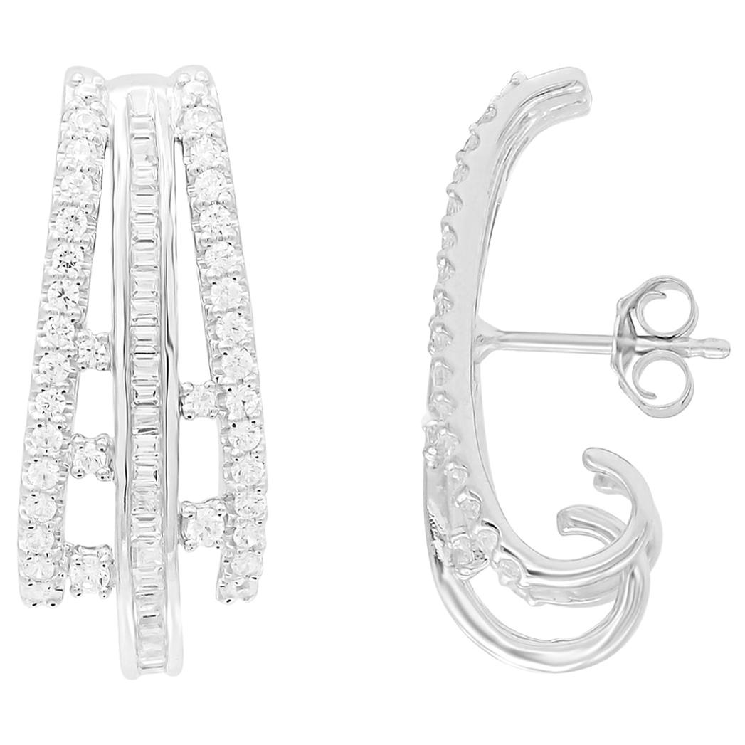 TJD 1 Carat Round & Baguette Diamond 14 K White Gold Three Row J-Type Earrings For Sale