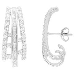 TJD 1 Carat Round & Baguette Diamond 14 K White Gold Three Row J-Type Earrings