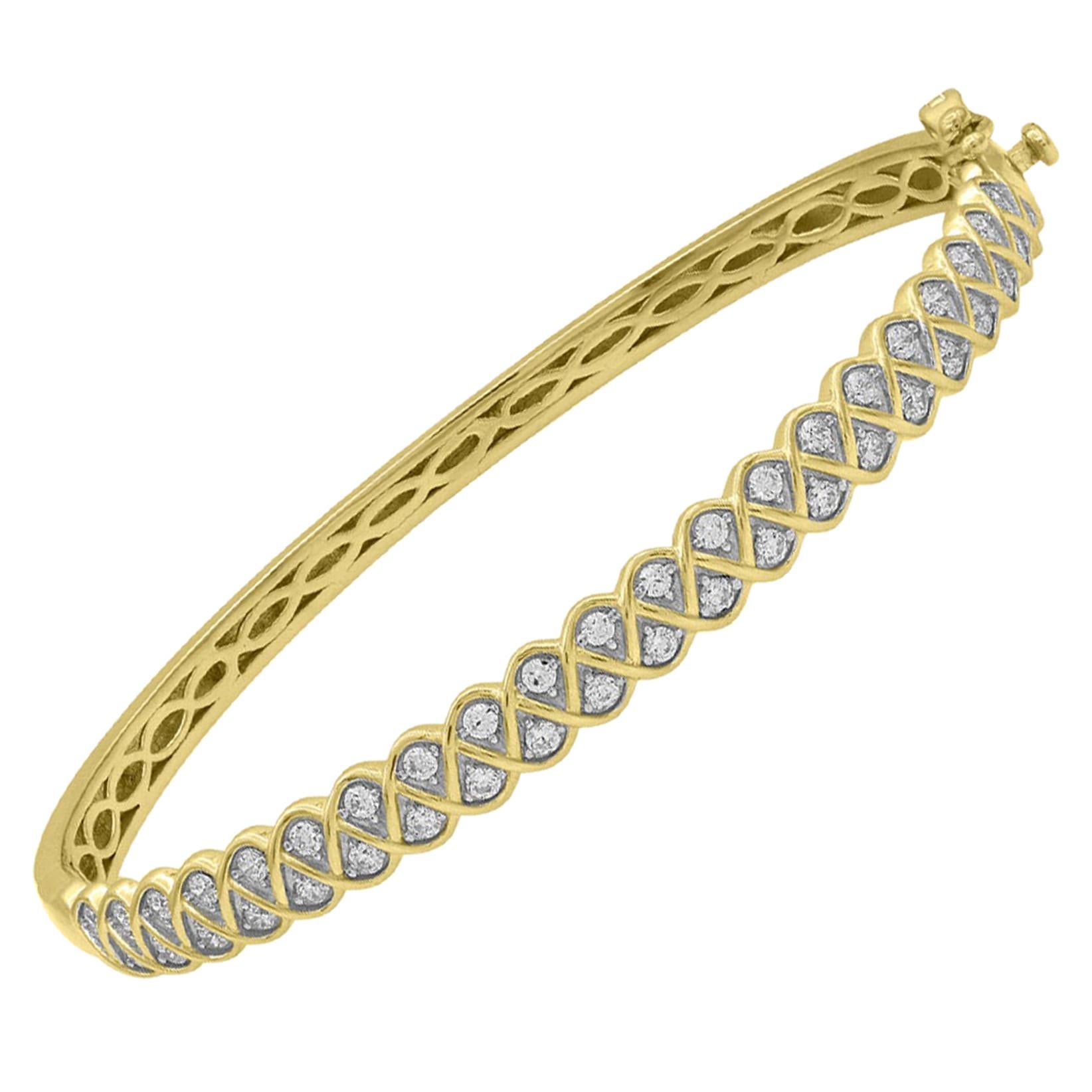 Bracelet jonc zigzag de créateur en or jaune 14 carats avec diamants taille brillant de 1 carat TJD