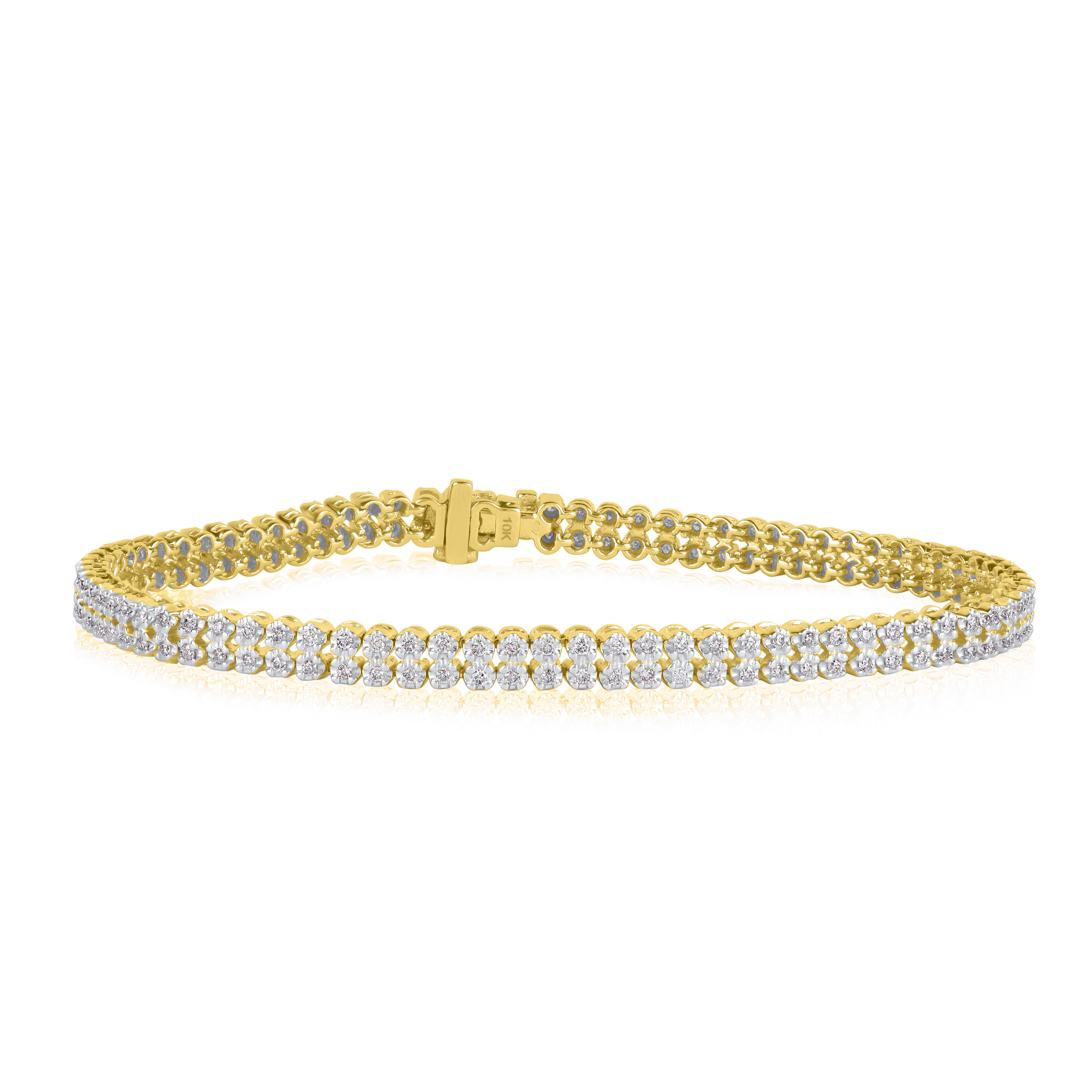 A graceful addition to her wardrobe, this double row diamond tennis bracelet brings the perfect touch of sparkle to her look. Made by our inhouse experts in 14 karat yellow gold and studded with 166 round brilliant-cut diamond in prong setting. The