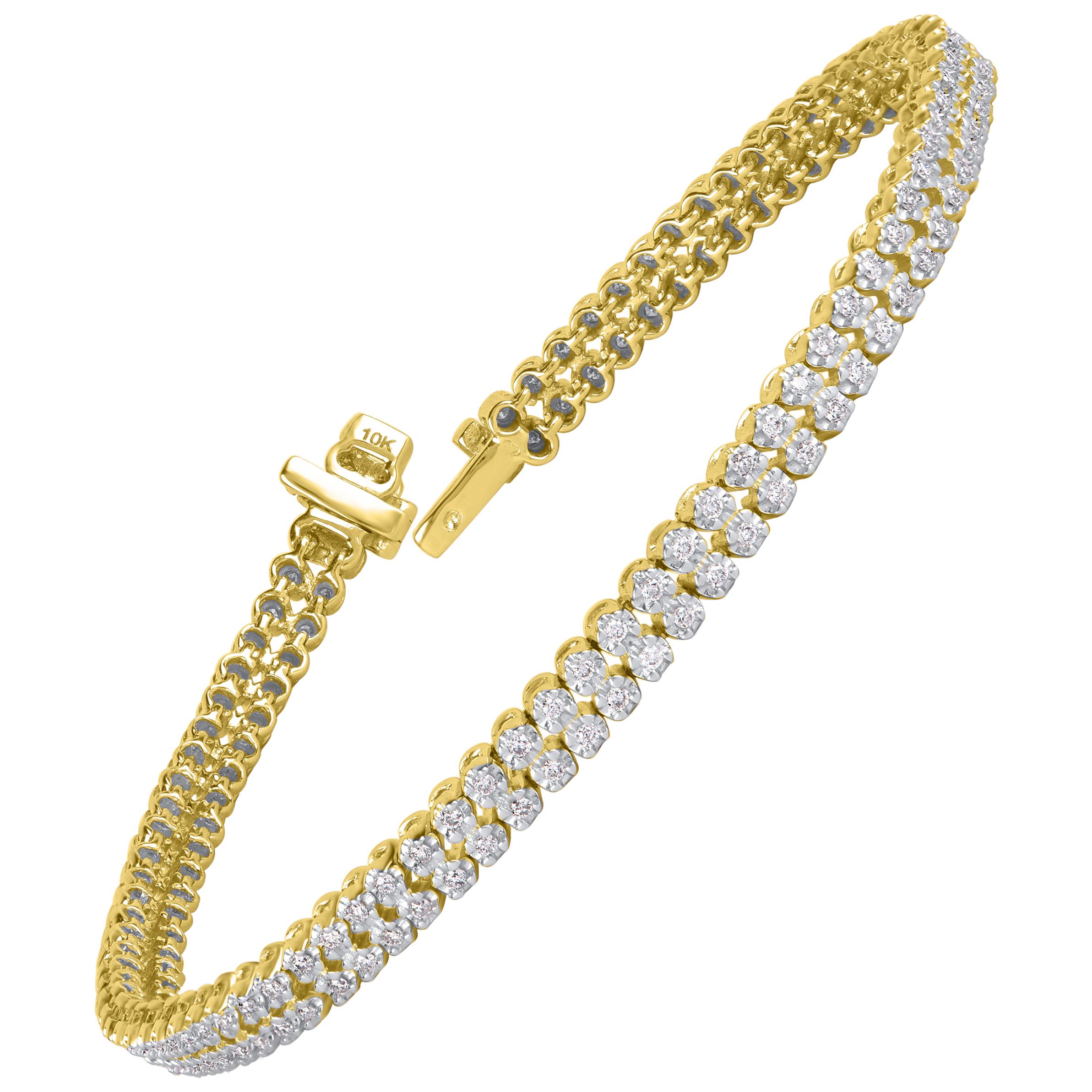 TJD Bracelet tennis à double rangée de diamants ronds de 1,00 carat en or jaune 14 carats