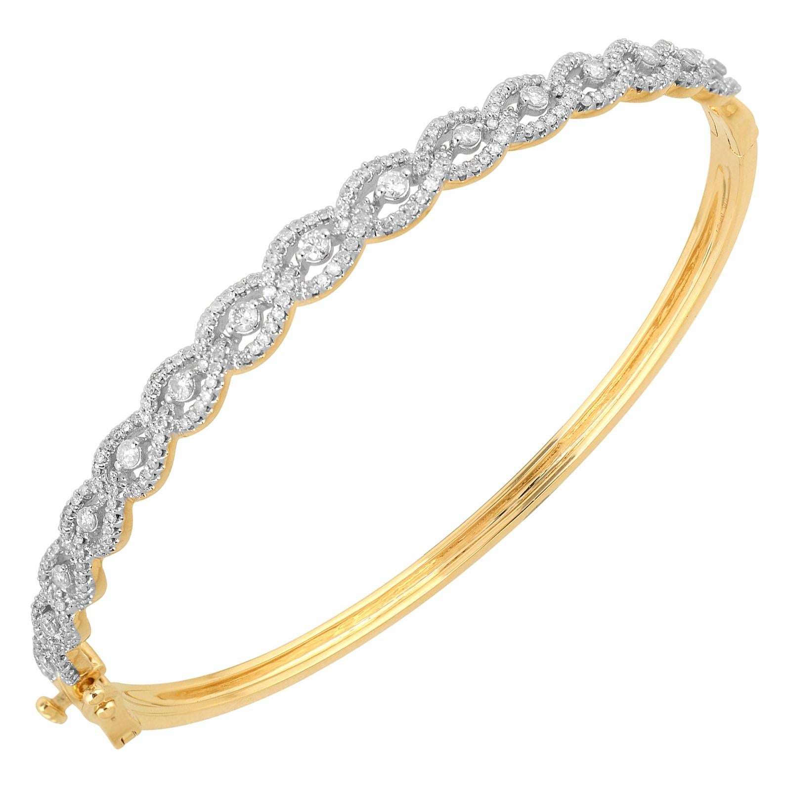 TJD Bracelet jonc à maillons entrelacés en or jaune 14 carats avec diamants ronds de 1,00 carat