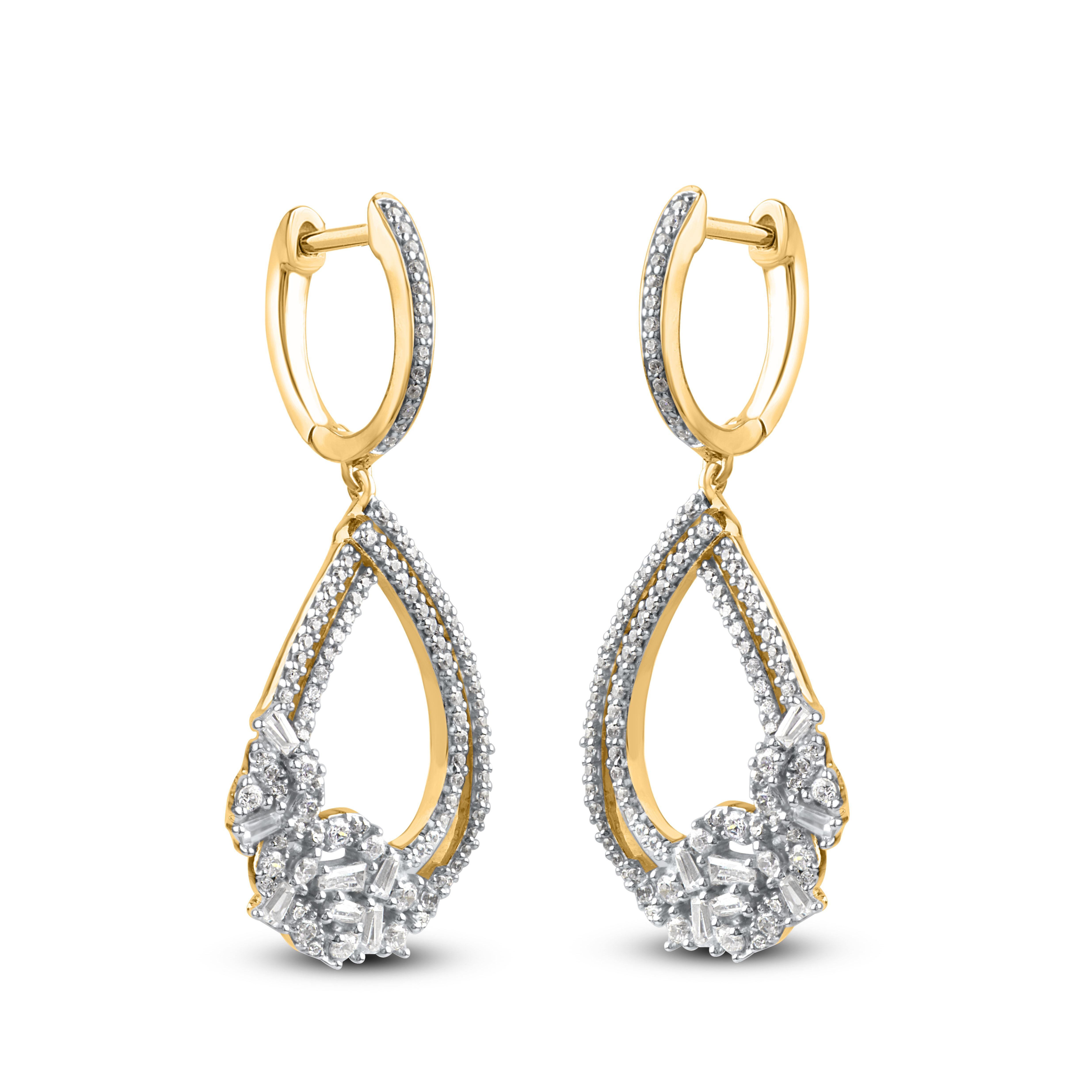 Smart and unique, these diamond dangle drop earrings are perfect for gifting. Made by in 14 karat rose gold and accentuated with 198 round brilliant and 14 baguette-cut diamond in prong and pave setting, which shines in H-I color I2 clarity.