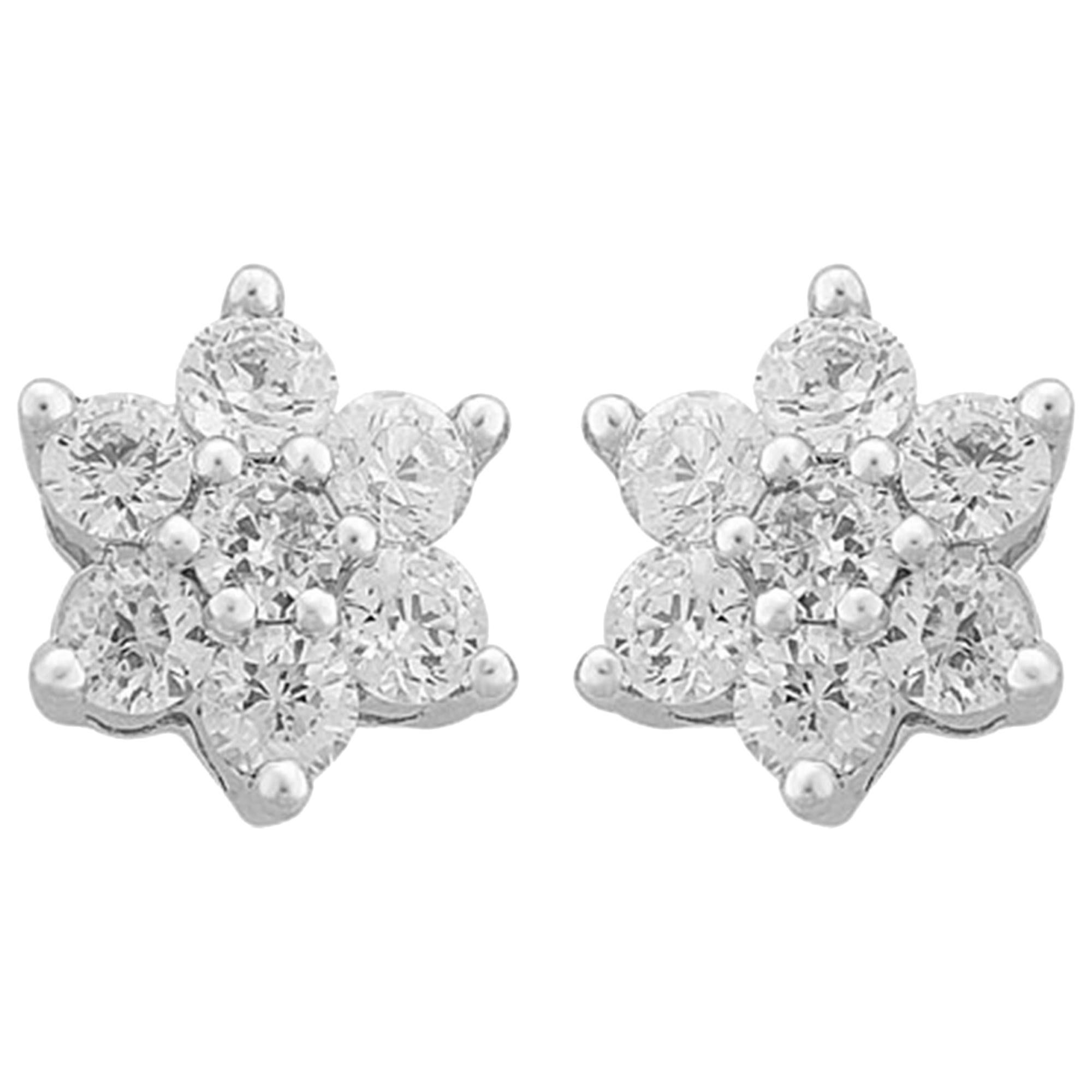 TJD 1 Carat Round Diamond 18 Kt White Gold 7 Stone Classic Cluster Stud Earrings