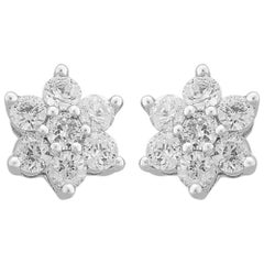 TJD 1 Carat Round Diamond 18 Kt White Gold 7 Stone Classic Cluster Stud Earrings