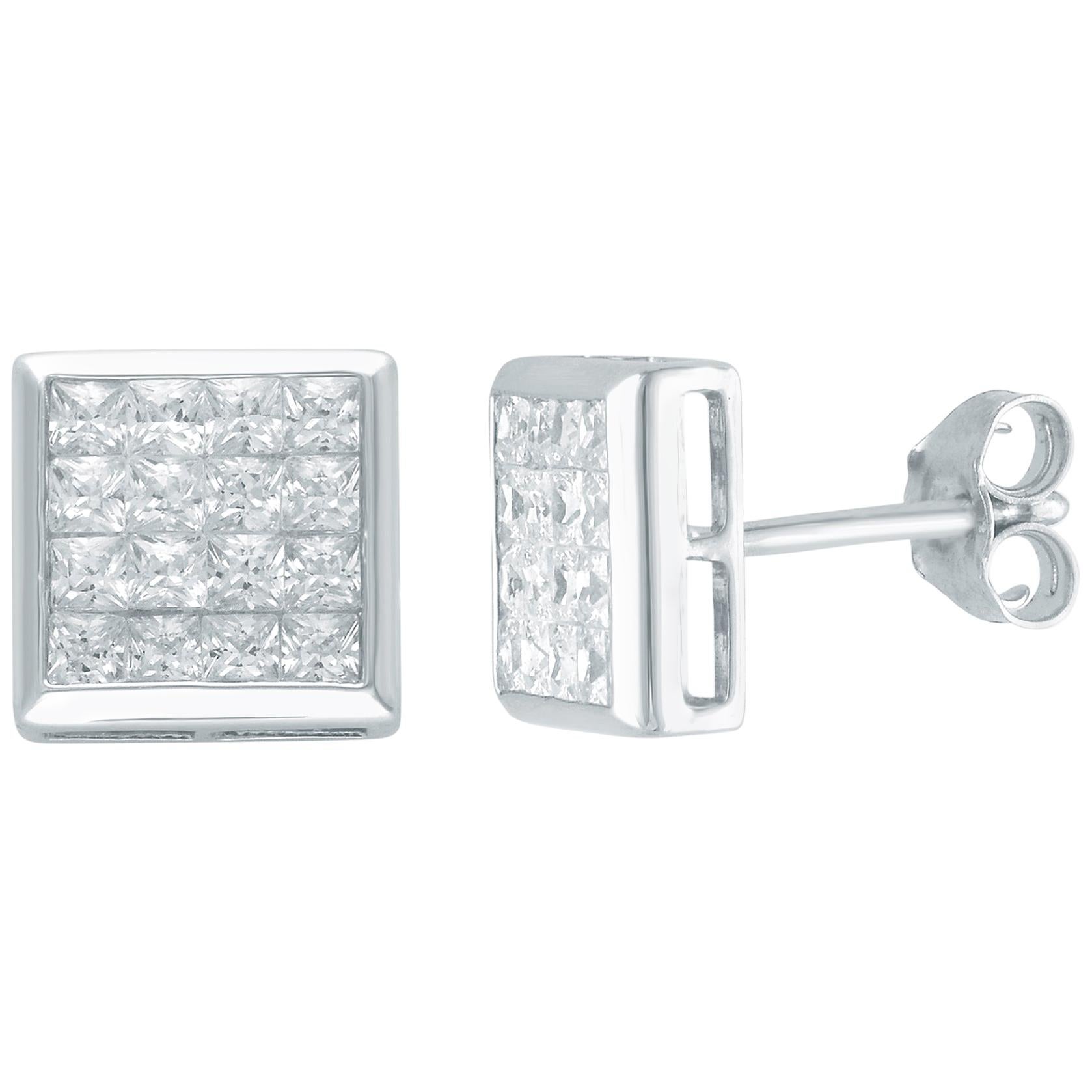 TJD 1.00 Carat Princess Cut Diamond 18K White Gold Invisible Set Stud Earrings For Sale