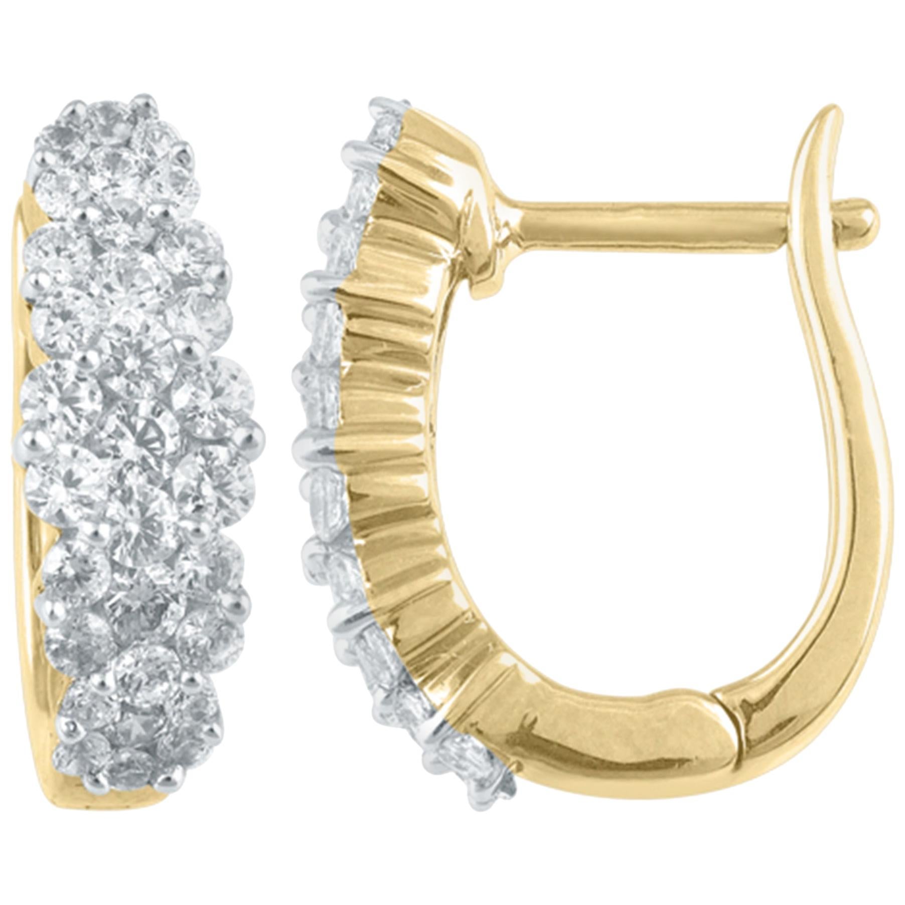 TJD 1.00 Carat Round Diamond 18Karat Yellow Gold Cluster Huggie Fashion Earrings For Sale
