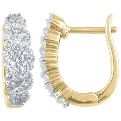 TJD 1.00 Carat Round Diamond 18Karat Yellow Gold Cluster Huggie Fashion Earrings