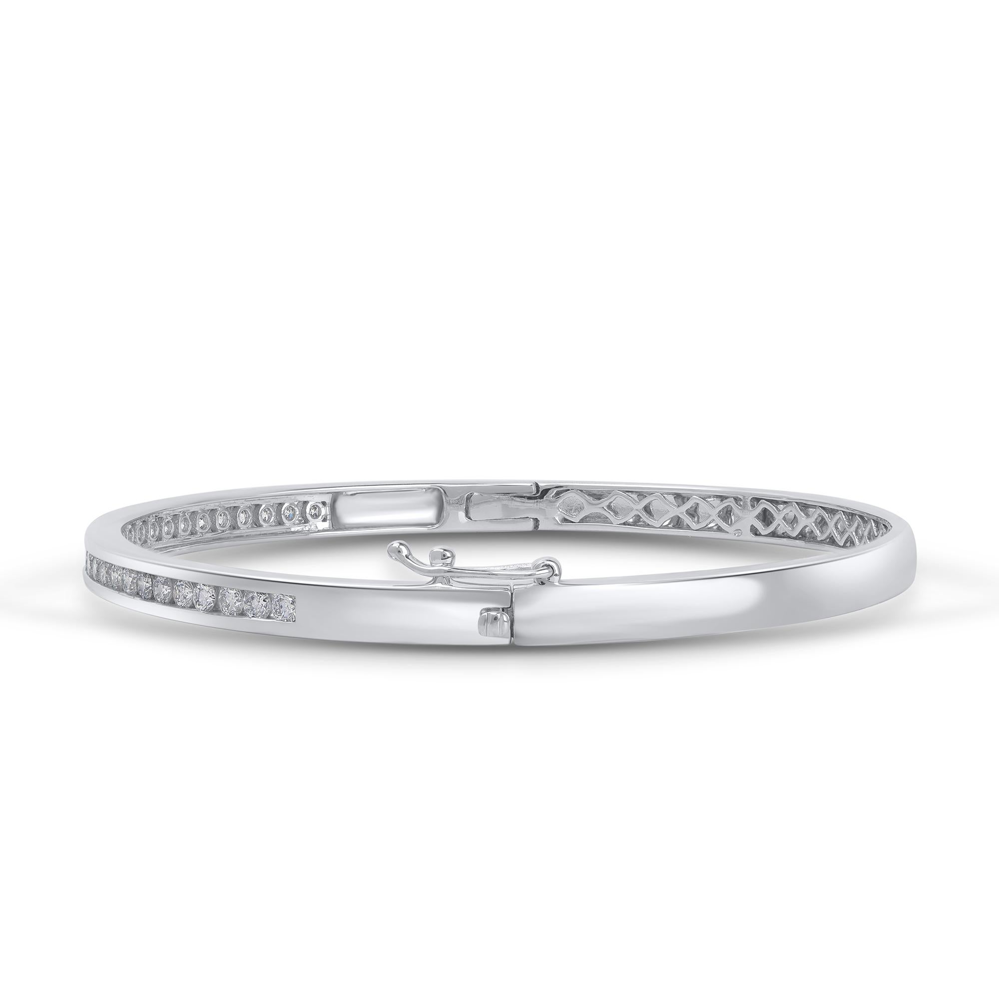 Contemporary TJD 1.00 Carat Channel Set Diamond 10 Karat White Gold Classic Hinged Bangle For Sale