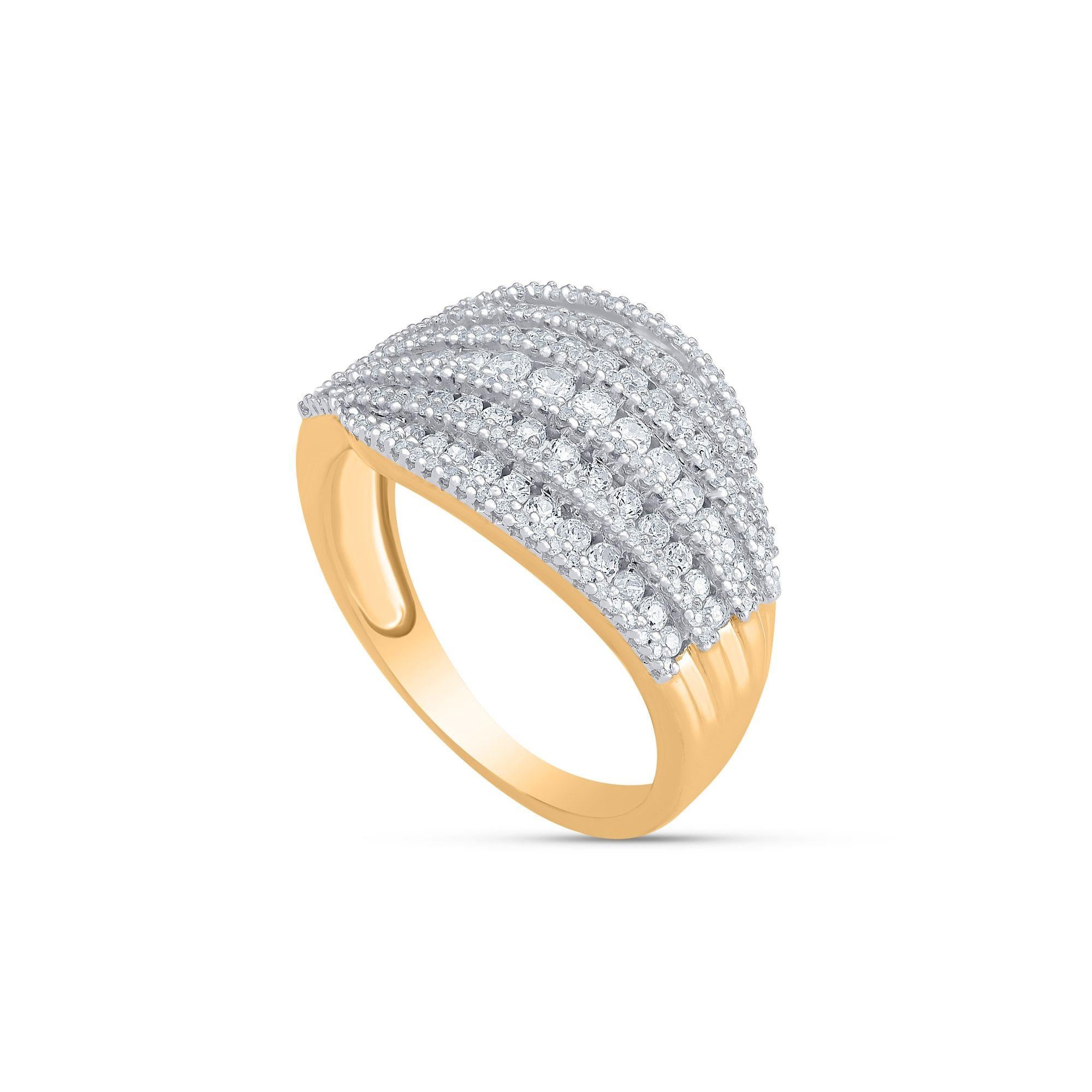A fusion of diamonds and gold, made in 10 kt yellow gold.  A multi-row design accentuated with 233 round-cut diamonds set in prong and channel setting. The diamonds are graded I-J Color, I1-I2 Clarity.
