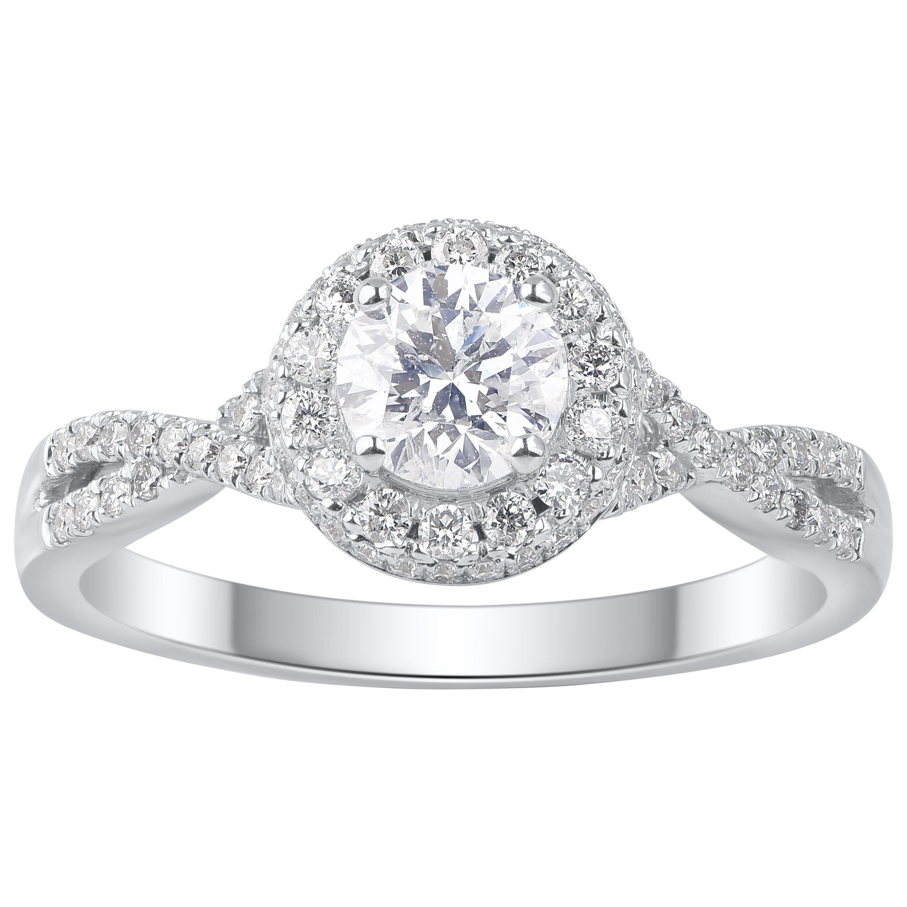 TJD 1.00 Carat Diamond 14 Karat White Gold Twist Shank Halo Engagement Ring