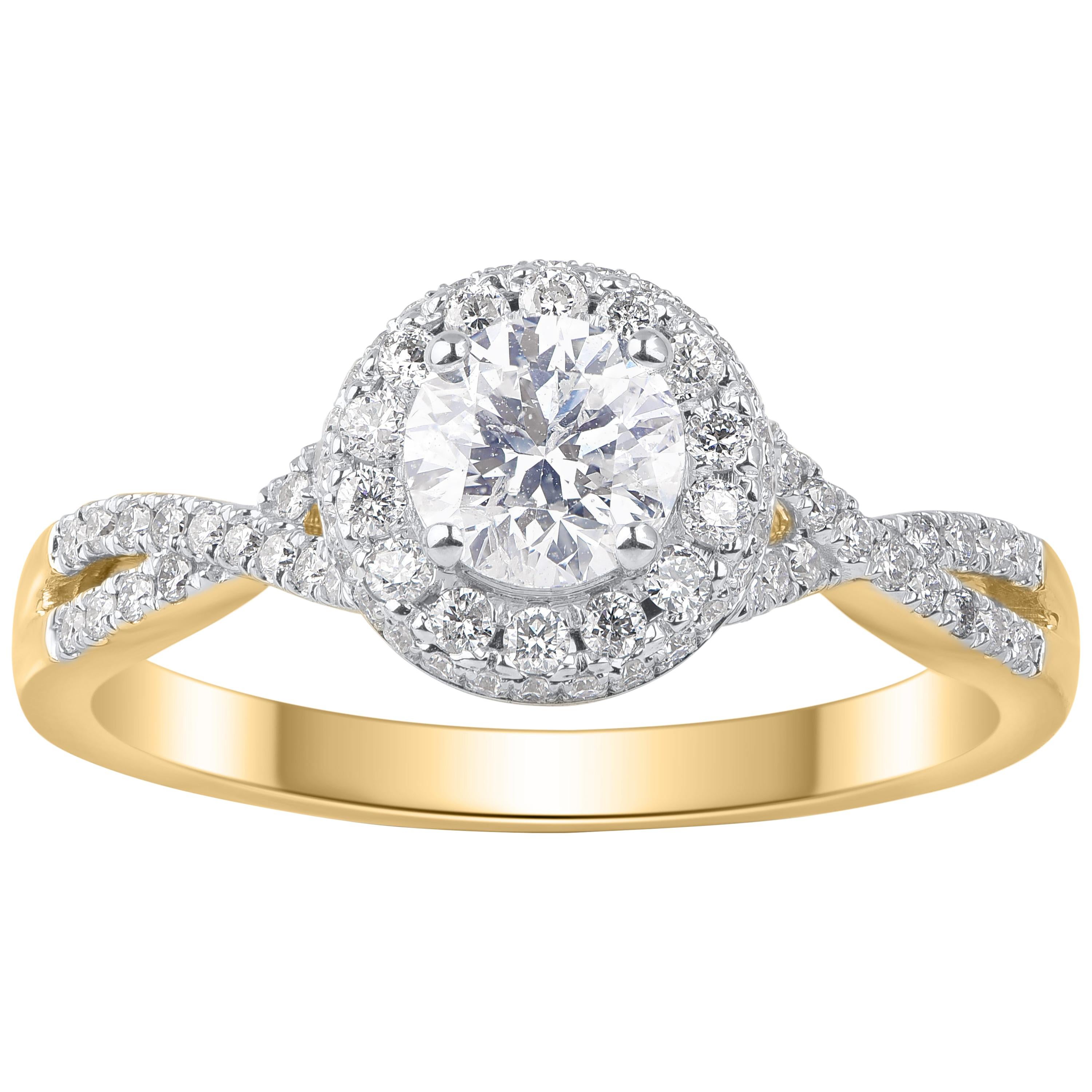 TJD 1.00 Carat Diamond 14 Karat Yellow Gold Twist Shank Halo Engagement Ring