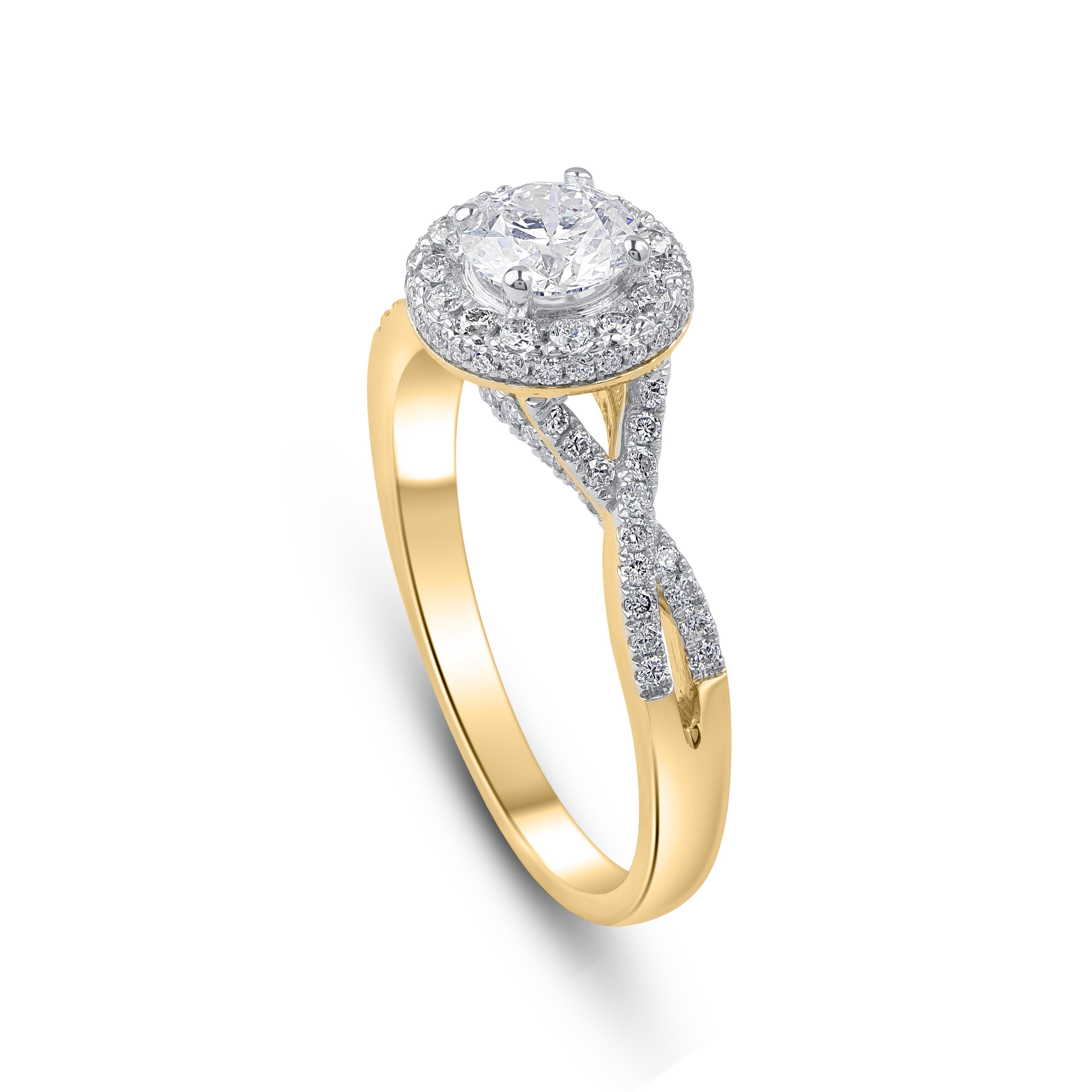 Shimmers with 93 round natural diamond in micro-prong, prong and pave setting and crafted in 14 kt yellow and white gold, diamonds are graded H-I Color, I1-I2 Clarity. Ring size is US size 7.25 and can be resized on request.
