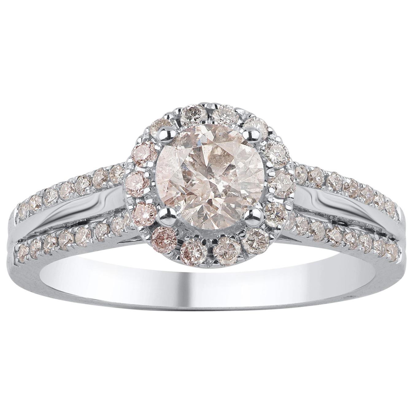 TJD 1.00 Carat Round Diamond 18 Karat White Gold Enchanting Halo Engagement Ring For Sale