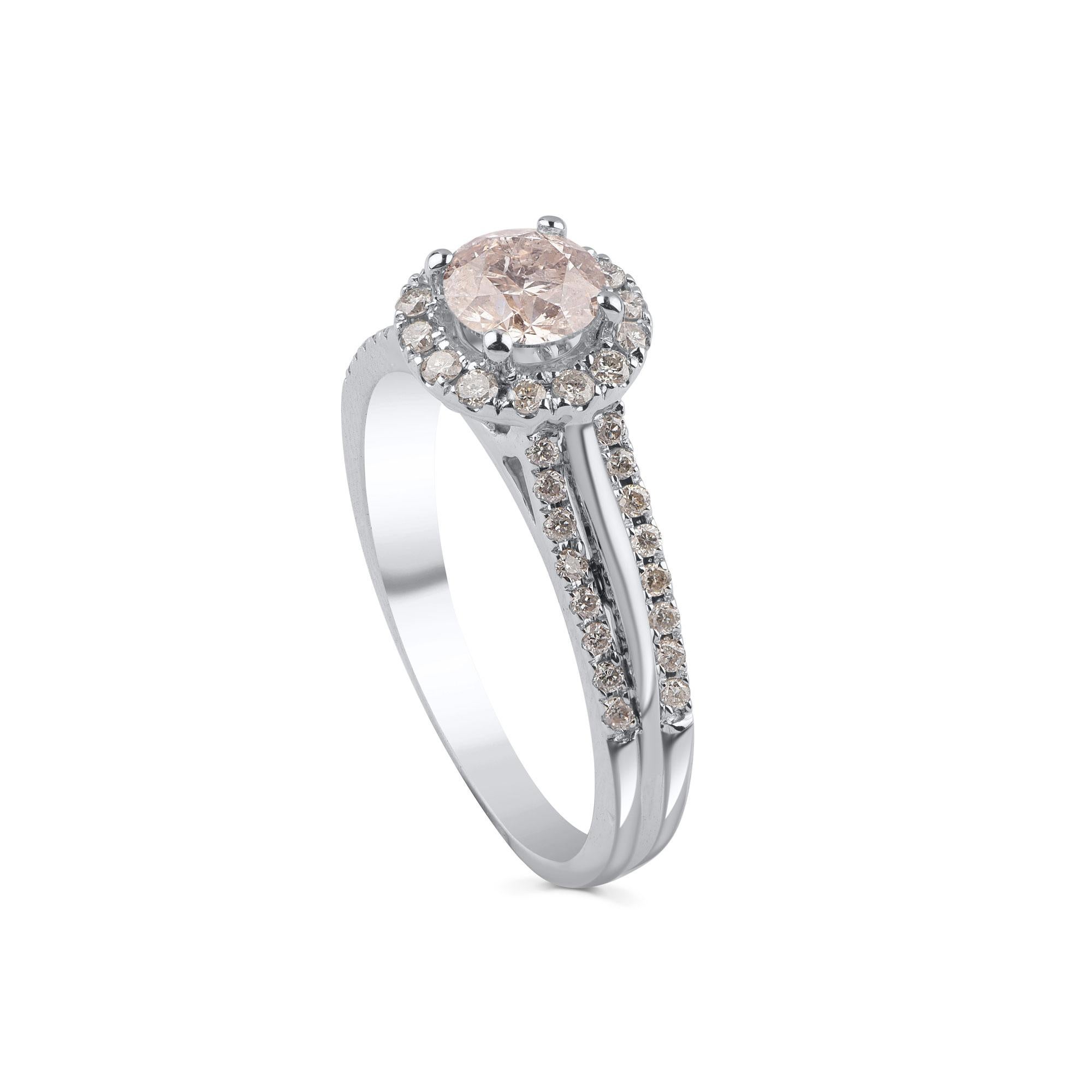 Exquisitely crafted in 18 kt white gold and dazzling with 47 round-cut diamonds embedded beautifully in micro-prong and prong setting, diamonds are graded J-K Color, I3 Clarity. Metal color can be customized in rose and yellow gold. 

Ring size is
