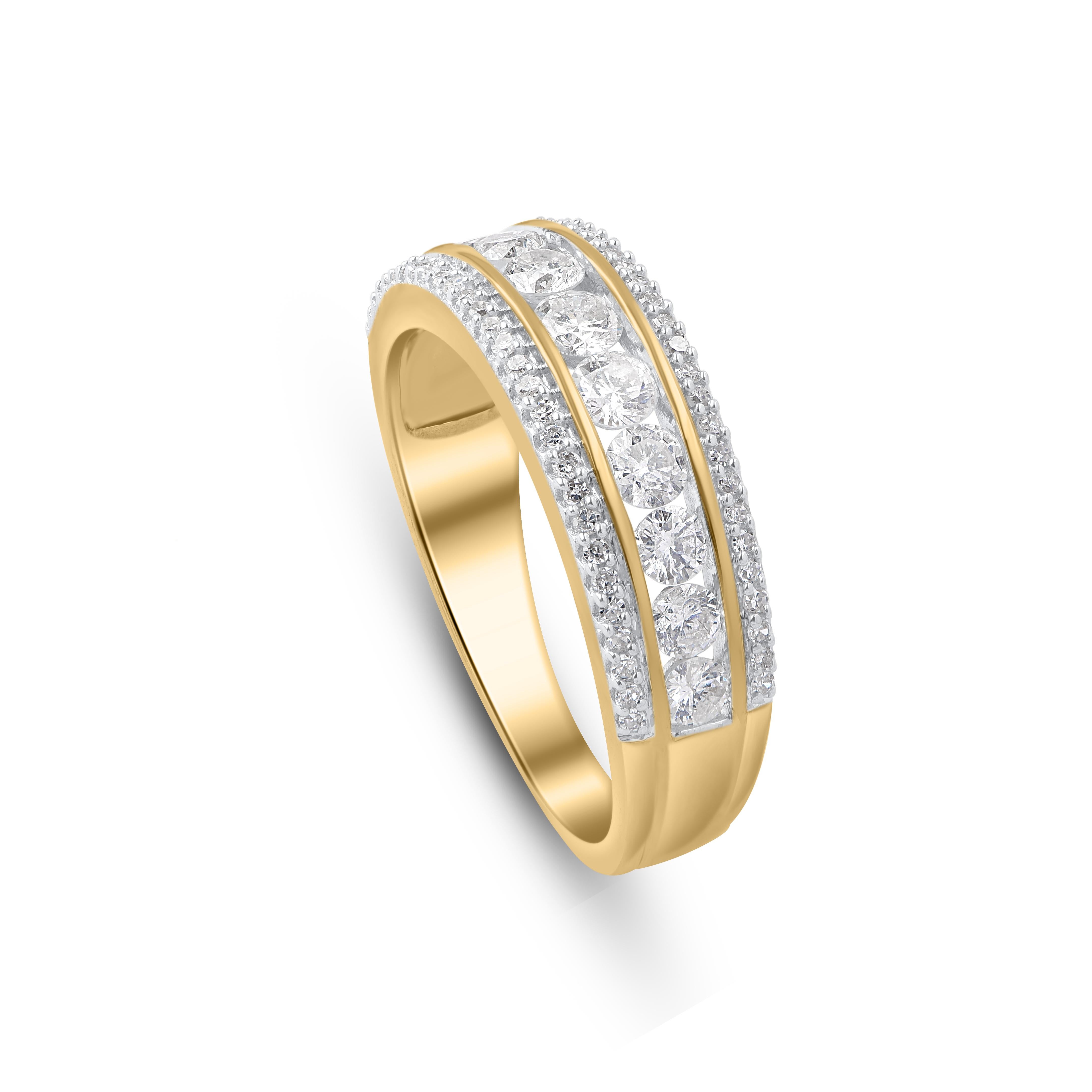 This designer diamond engagement band is simple yet striking. This diamond studded engagement band is made by our experts in 10 kt yellow gold and accentuated with 69 round-cut diamonds in prong and channel setting Diamonds are graded H-I Color, I2