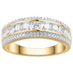 TJD 1.00 Carat Diamond 10 Karat Yellow Gold Three Row Anniversary/Weddding Ring