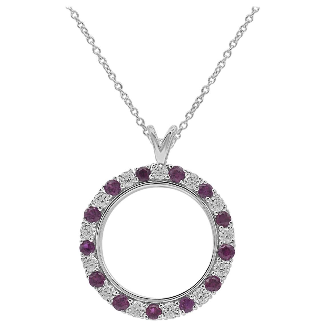 TJD 1.00 Carat Natural Ruby & Round Diamond 14K White Gold Open Circle Pendant For Sale