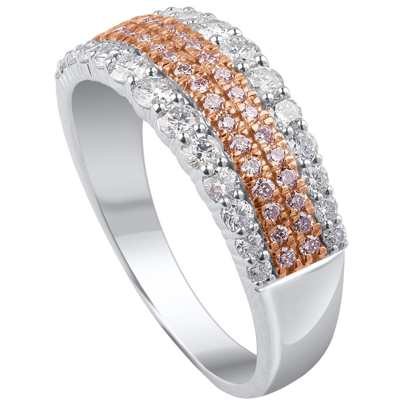 Timeless and elegant, this diamond band is studded with 64 round-cut natural pink rosé and white diamonds in prong and micro-prong setting and hand-crafted beautifully by our in-house experts in 18 KT two tone gold. 

The diamonds are graded H-I