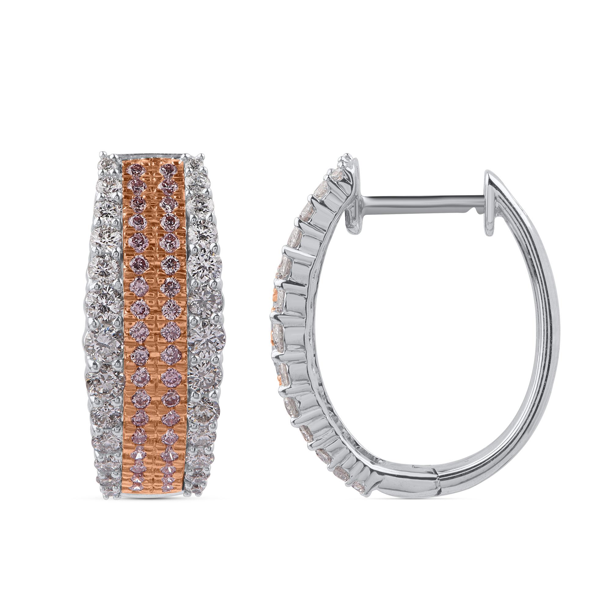 Mesmerizing and glamorous, this natural pink rosé and white diamond hoop earrings are studded with 52 round-cut white diamonds and 72 natural pink rosé diamonds embellished beautifully in prong and micro-prong setting and crafted in 18 karat