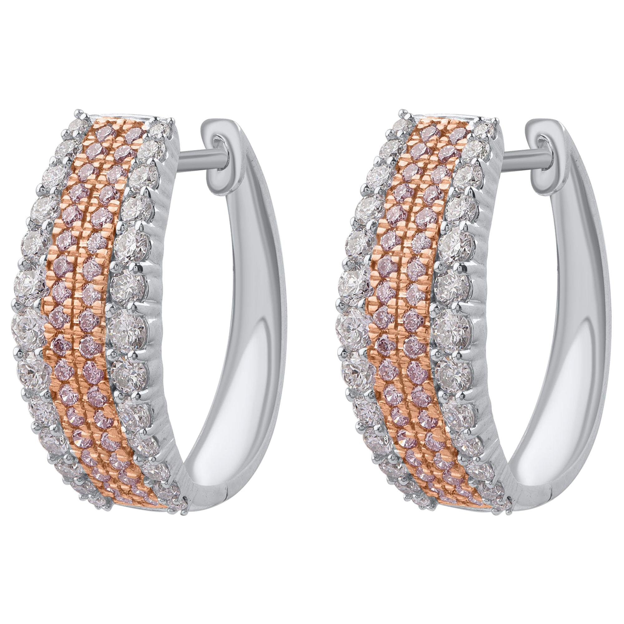 TJD 1.00CT Nat Pink Rosé & White Diamond 18K Two Tone Gold Fashion Hoop Earrings For Sale