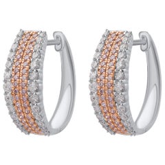 TJD 1.00CT Nat Pink Rosé & White Diamond 18K Two Tone Gold Fashion Hoop Earrings