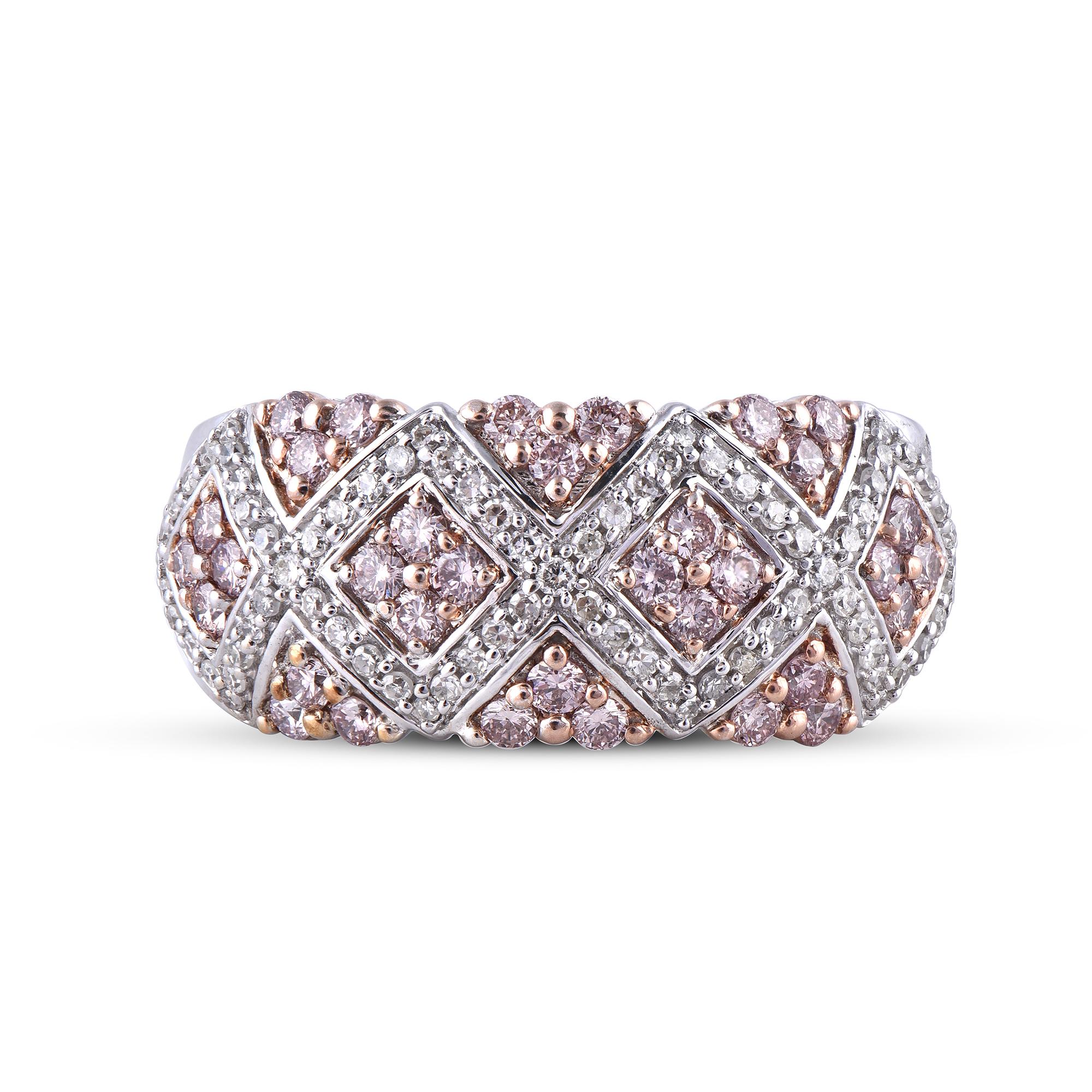 Round Cut TJD 1 Carat Nat. Pink Rosé & White Diamond 18K White Gold Crossover Fashion Band For Sale