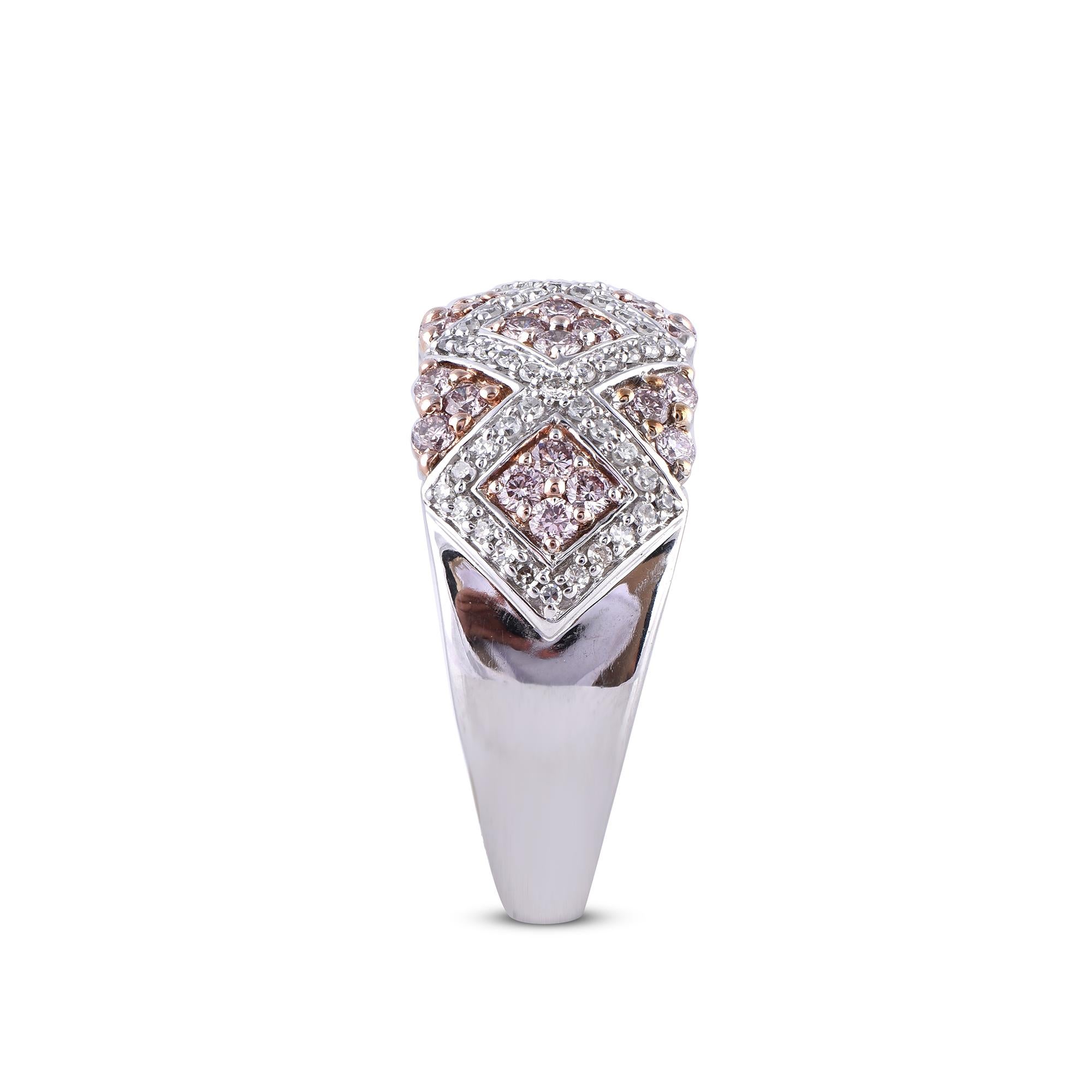 TJD 1 Carat Nat. Pink Rosé & White Diamond 18K White Gold Crossover Fashion Band In New Condition For Sale In New York, NY