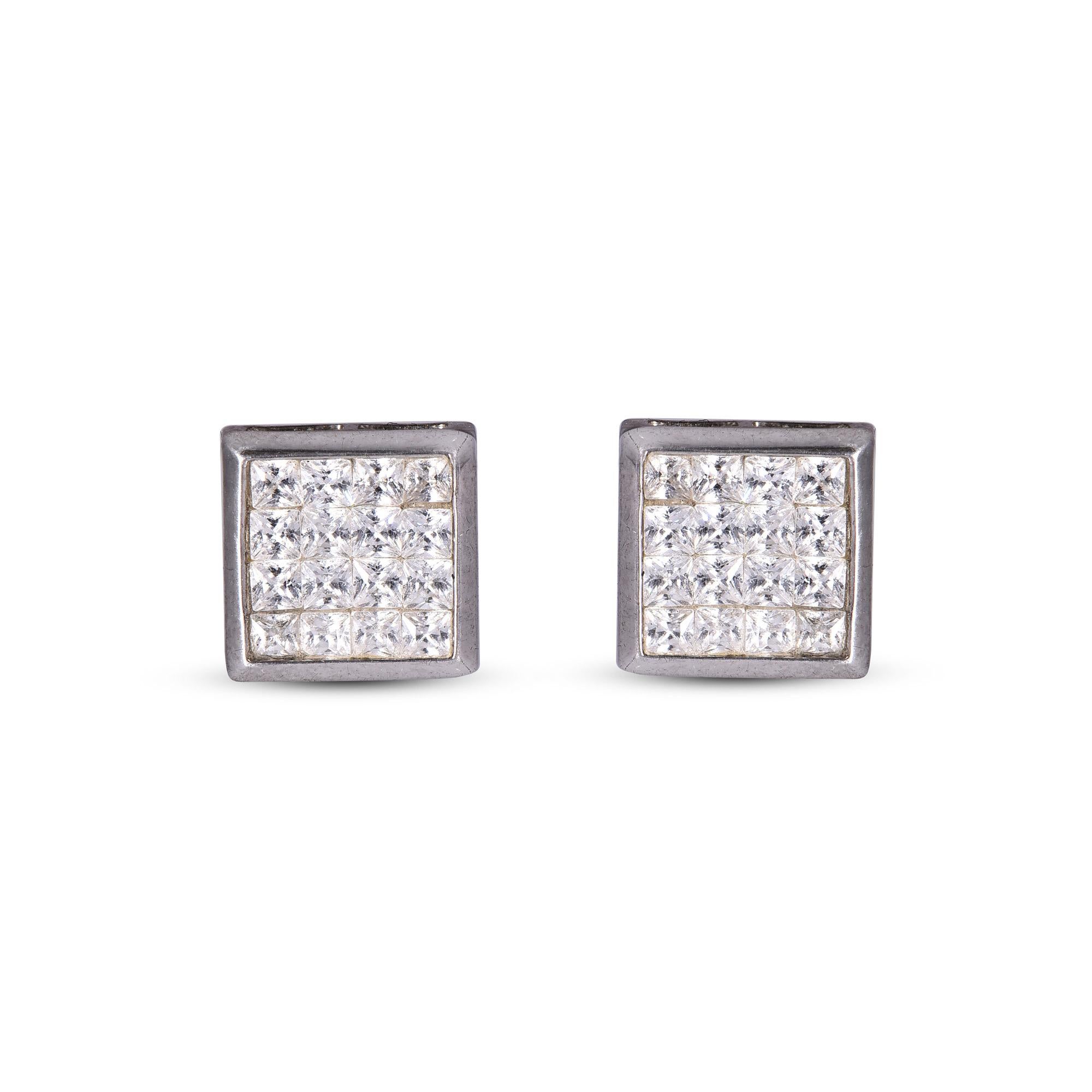 Expertly crafted in 18K solid white gold, both square frame shaped earring is cleverly filled with 32 round-cut diamond set in invisible setting, shines with H-I color SI1-2 clarity. Captivating with 1.00 carats diamonds and a bright polished shine,