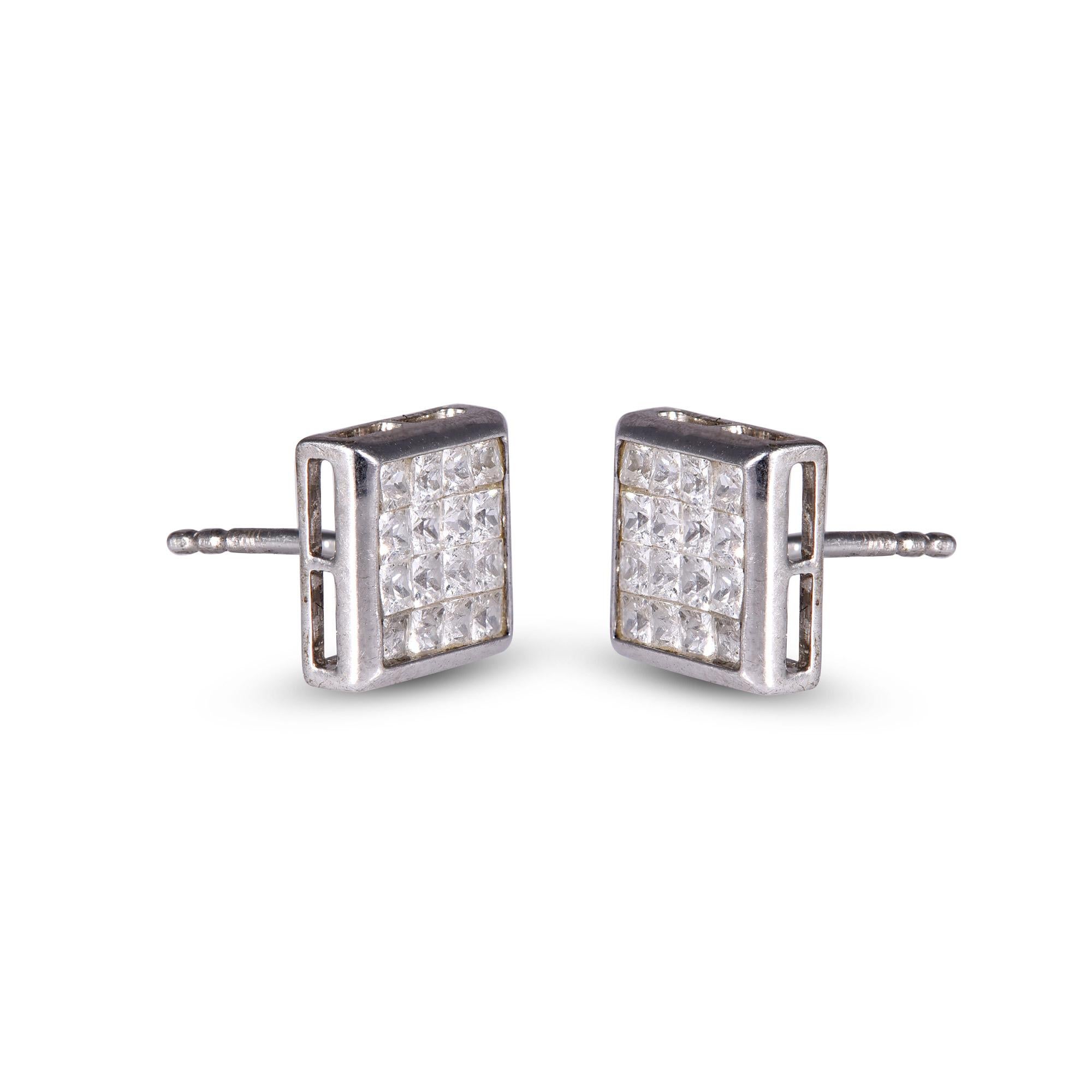 Round Cut TJD 1.00 Carat Princess Cut Diamond 18K White Gold Invisible Set Stud Earrings For Sale