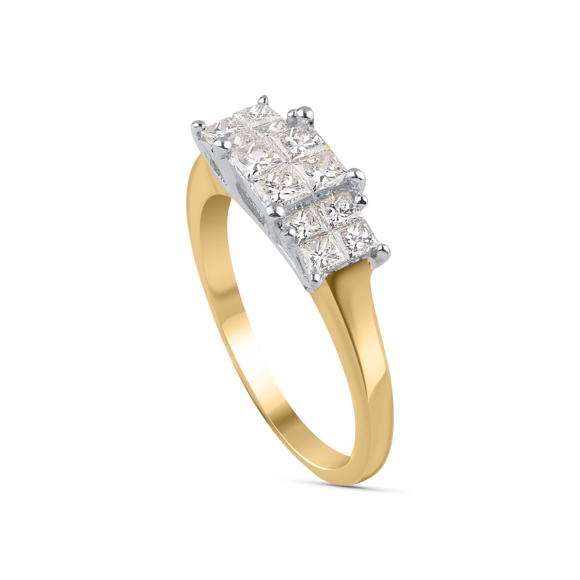 This diamond studded ring will add an extra charm to your ring collection. Glitters with 12 princess-cut natural diamonds elegantly set in invisible setting and fashion ed in 18 kt white & yellow gold. Diamonds are graded H-I Color, I1 Clarity. 
