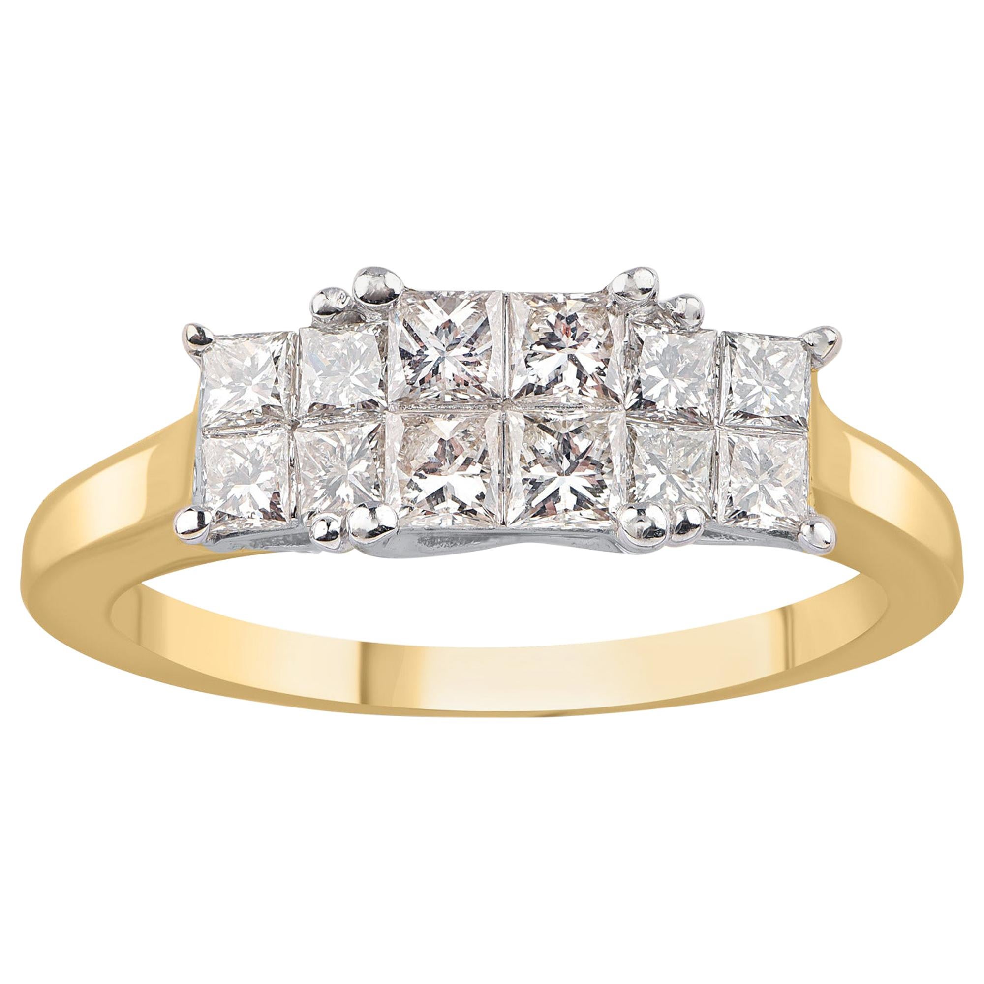TJD, bague de mariage à deux rangées en or jaune 18 carats avec diamants taille princesse de 1,00 carat en vente